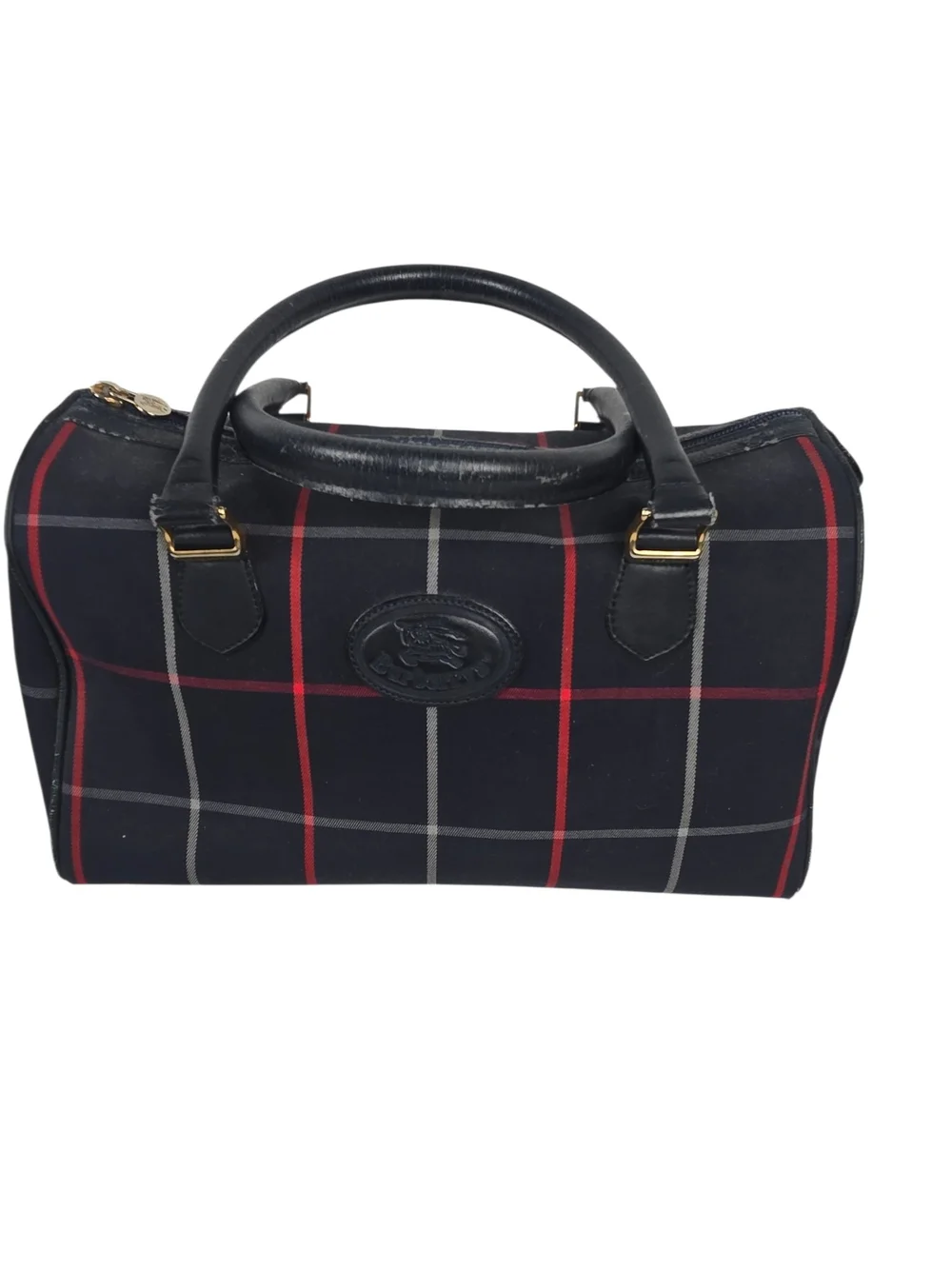 Burberrys Nova Check Toiletry Bag Vintage Leather Trim Navy Red Plaid
